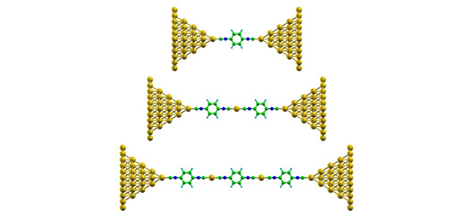 Chains of 1,4-benzenediisocyanate are formed between nanometer-thin gold tips, alternating with individual gold atoms. Chains of 1,4-benzenediisocyanate are formed between nanometer-thin gold tips, alternating with individual gold atoms.